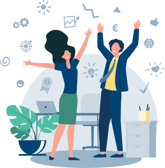 lorent-it-grafik-personen-freuen-icons Grafik von sich freuenden Personen umgeben von Icons