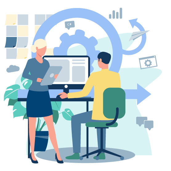 grafik-agile-entwicklung Grafik Zwei Personen an Schreibtisch mit Pfeilen und Zahnrädern