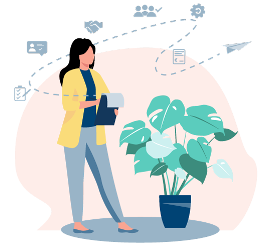 Grafik Person mit Klemmbrett mit Icons darüber
